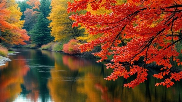 Scenic Texas fall foliage trails by a calm river.