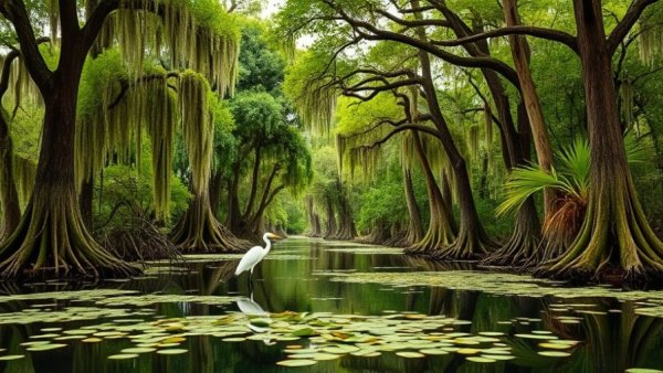Lush Texas state park swamp with trees and a white egret.