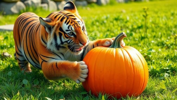 Tiger playing with a pumpkin on grass, near Harlingen.
