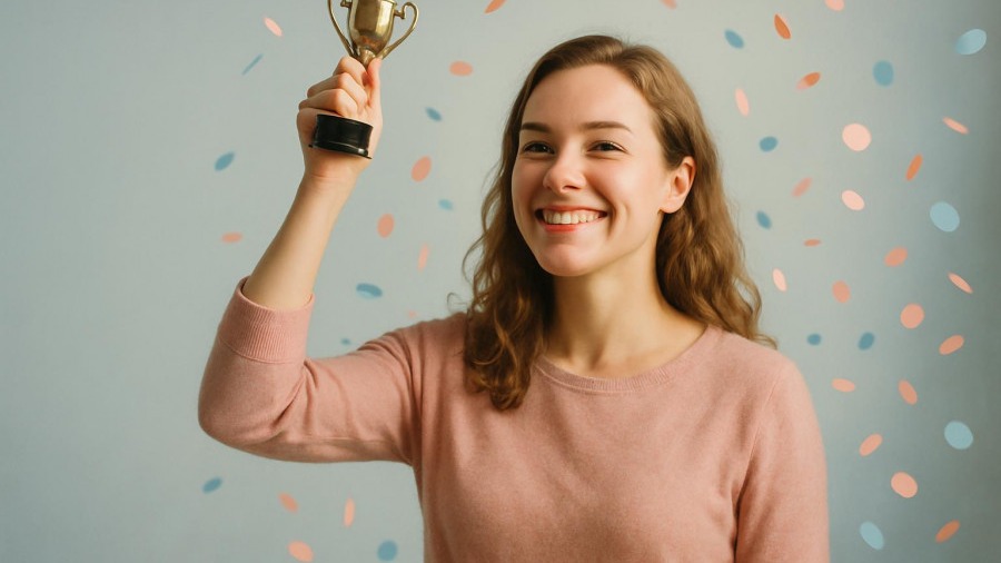 Young woman celebrating small victories, smiling with a gold trophy amidst pastel confetti.