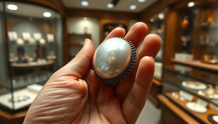 Concho Pearl displayed at Legend Jewelers, close-up view in hand.