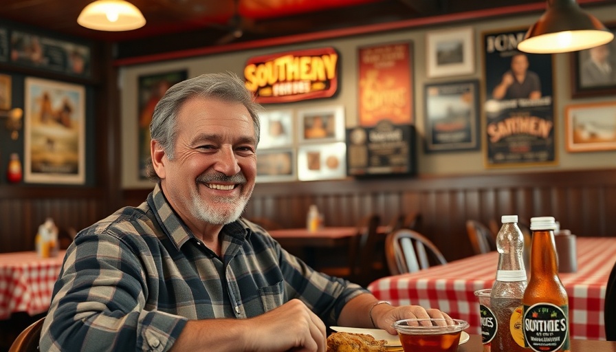 Family Style Restaurant in Woodville Texas featuring a cozy interior with a smiling man and hearty meal.