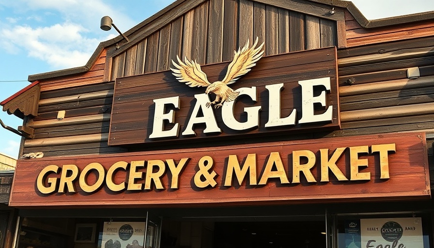 Eagle Grocery in Eagle Pass storefront sign with deer illustration.