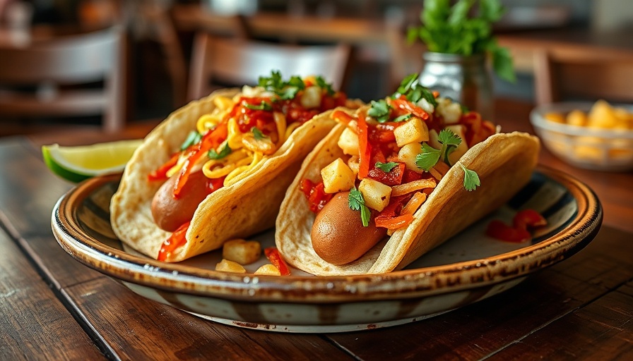 Appetizing Dallas style hot dog tacos on a rustic plate.