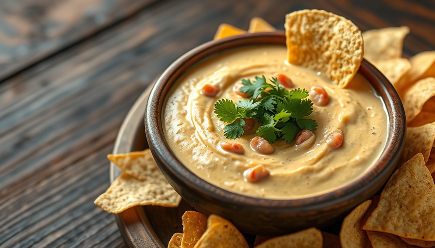 Crawfish queso recipe in a rustic bowl with tortilla chips.