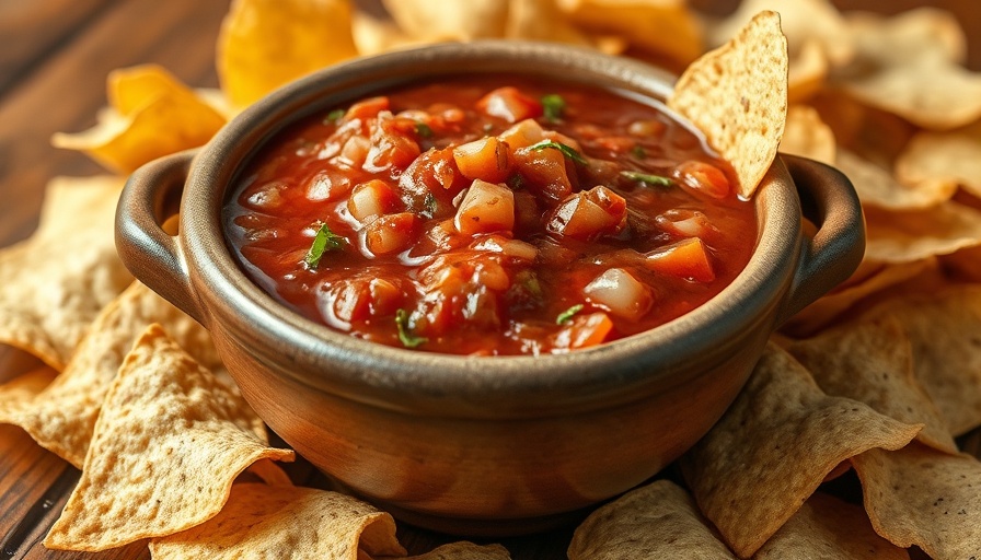 Homemade salsa in rustic bowl with tortilla chips, Dallas style salsa recipe.