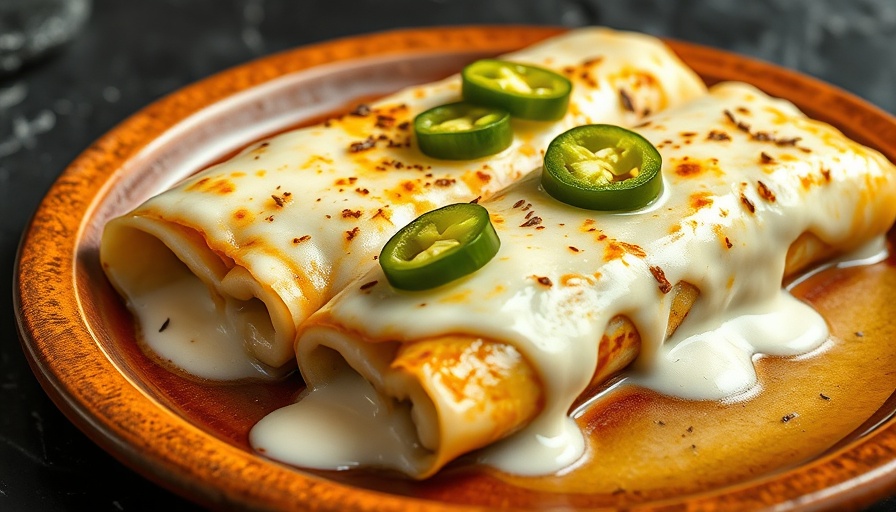 Sour cream enchiladas East Dallas with cheese and jalapenos on a plate.