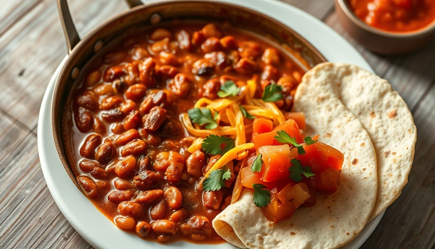 Tex-Mex enchilada beans in skillet with salsa and tortilla.