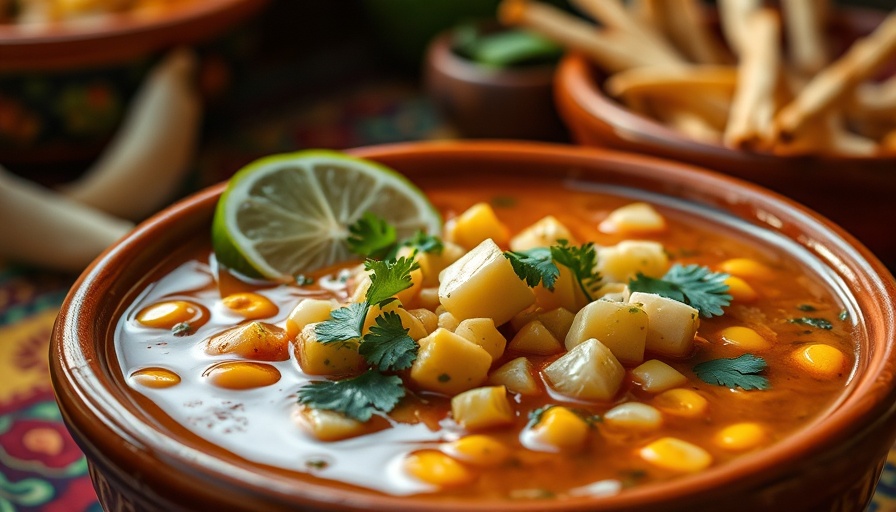 Sopa de Elote con Queso in a colorful bowl with lime and cheese.