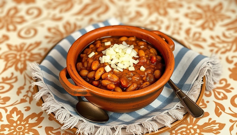 My Abuelita’s Frijoles Recipe in a rustic clay bowl on a patterned table.