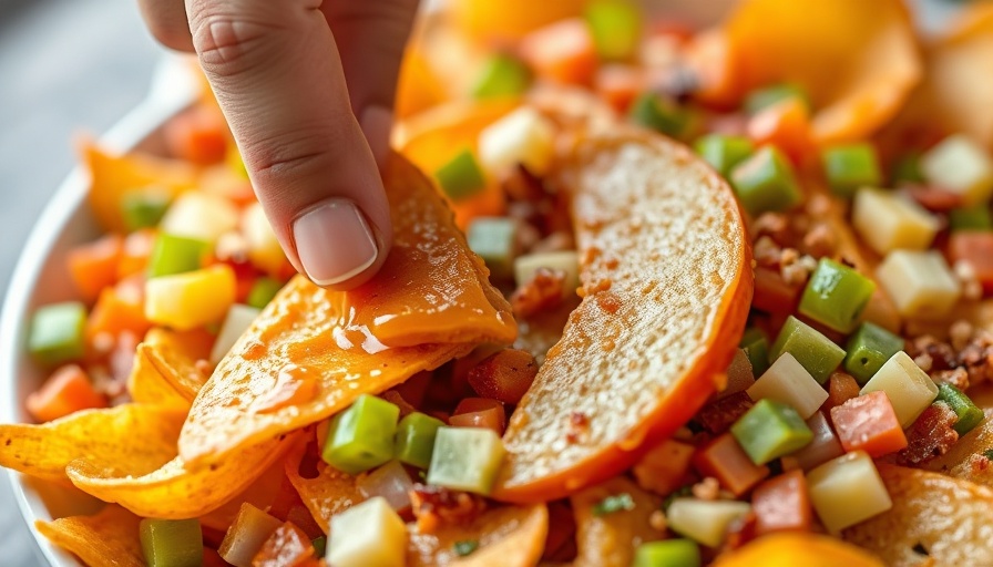 Colorful caramel apple nacho bar with a hand reaching for a slice.