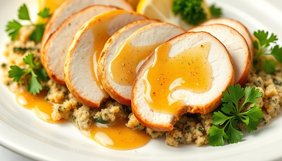 Crockpot turkey and stuffing with gravy, garnished with parsley.