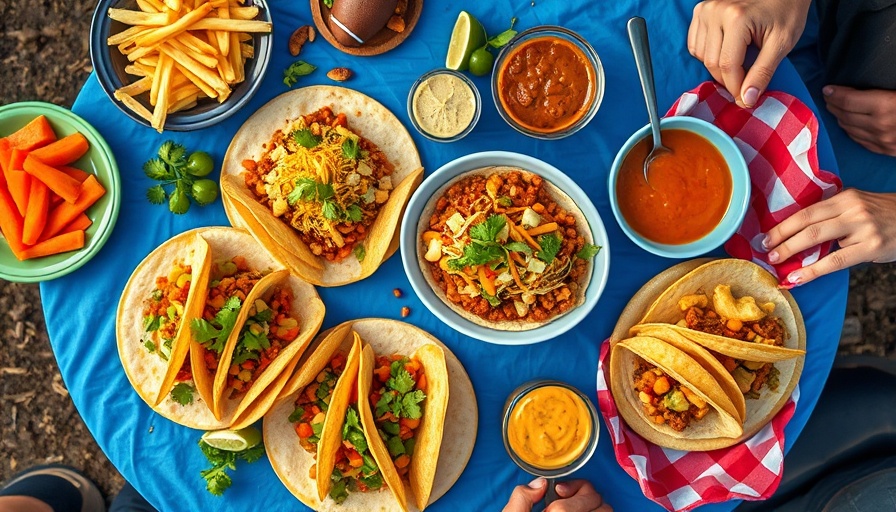 Ultimate Tailgate Recipes display with tacos and dips on a table.