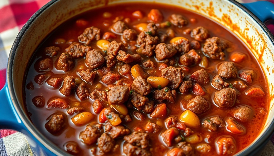 Ground beef chili simmering in a blue pot, perfect for fall.