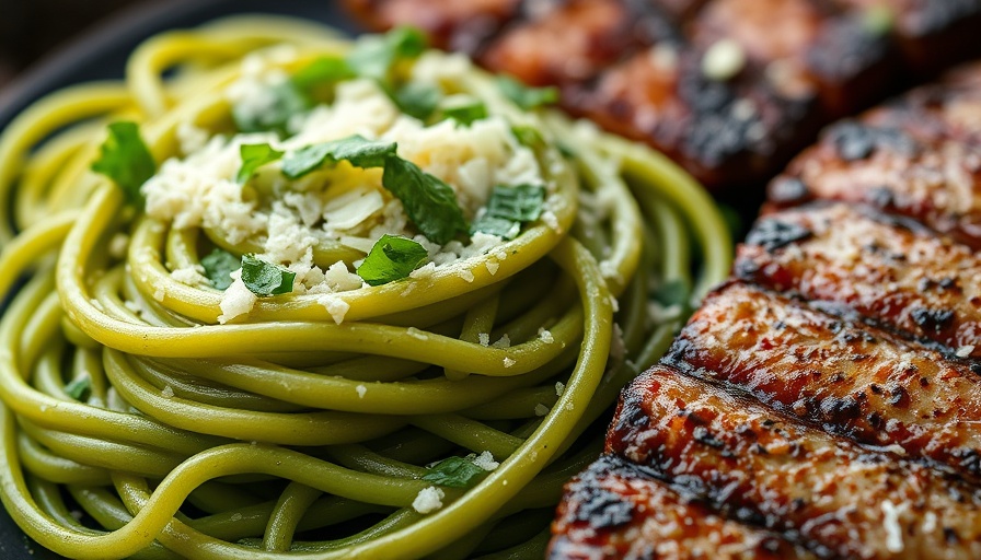 Mexican green spaghetti with cheese and herbs next to grilled steak.