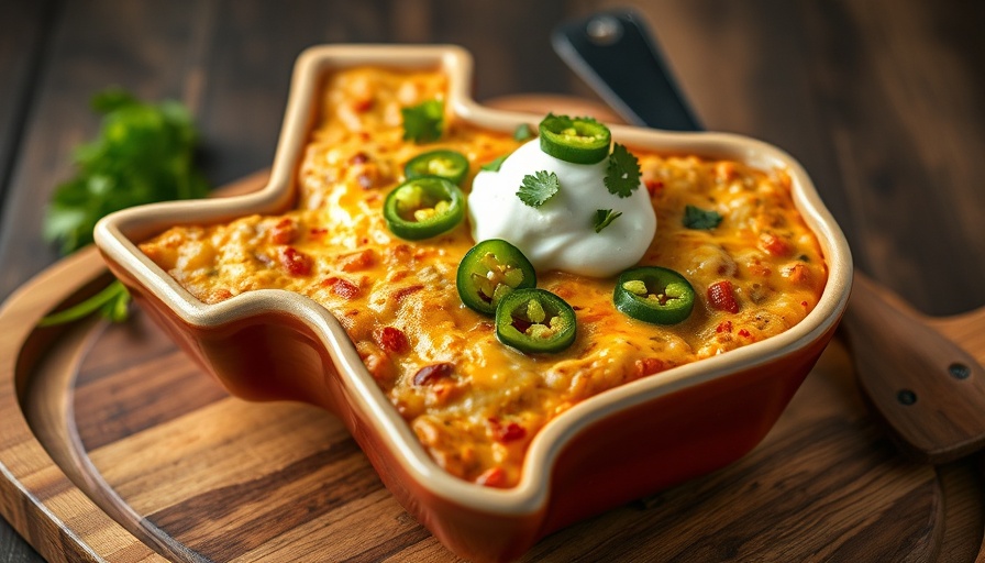 Cheesy Texas Dip Recipe with jalapeños and sour cream in Texas-shaped dish.