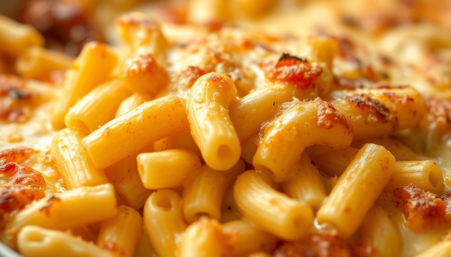 Ultra creamy smoked mac and cheese with golden crust, close-up.