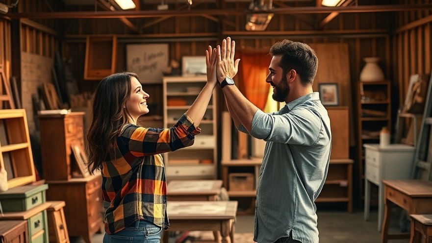 Joyous couple high-fives in their workshop, surrounded by upcycled furniture.