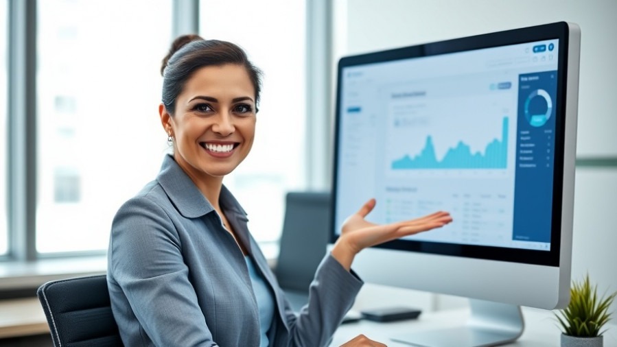 Confident businesswoman showcasing digital success on sales dashboard.