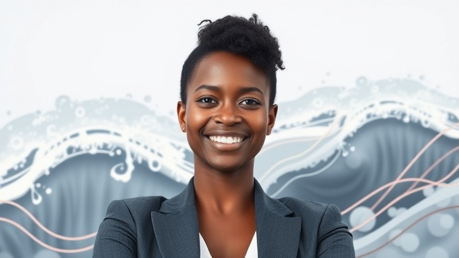 Confident professional embodying workplace resilience amidst abstract waves.