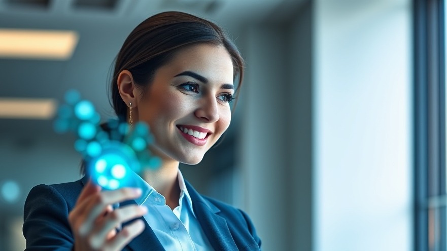 Confident businesswoman gazing at AI integration data interface in soft morning light