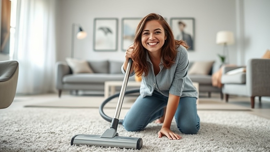 Young entrepreneur showcases eco-friendly carpet cleaning in a modern living room.