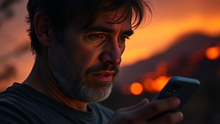 Concerned resident checks smartphone amid a warm sunset, symbolizing community emergency response.