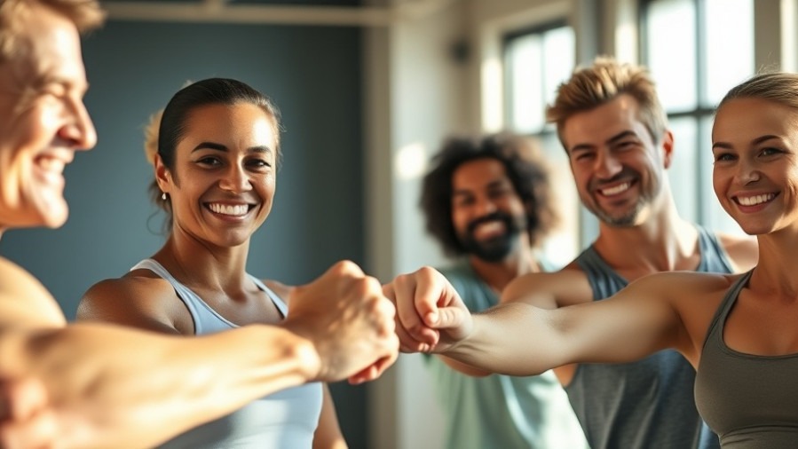 Diverse adults celebrating their fitness journey with fist bumps in a sunlit gym.