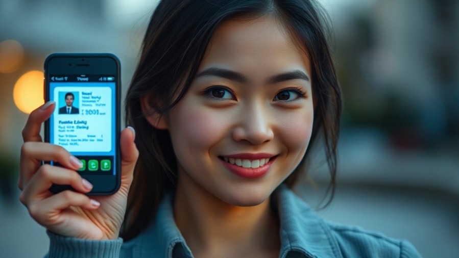 Young woman glowing with confidence, showcasing a digital ID on her smartphone.