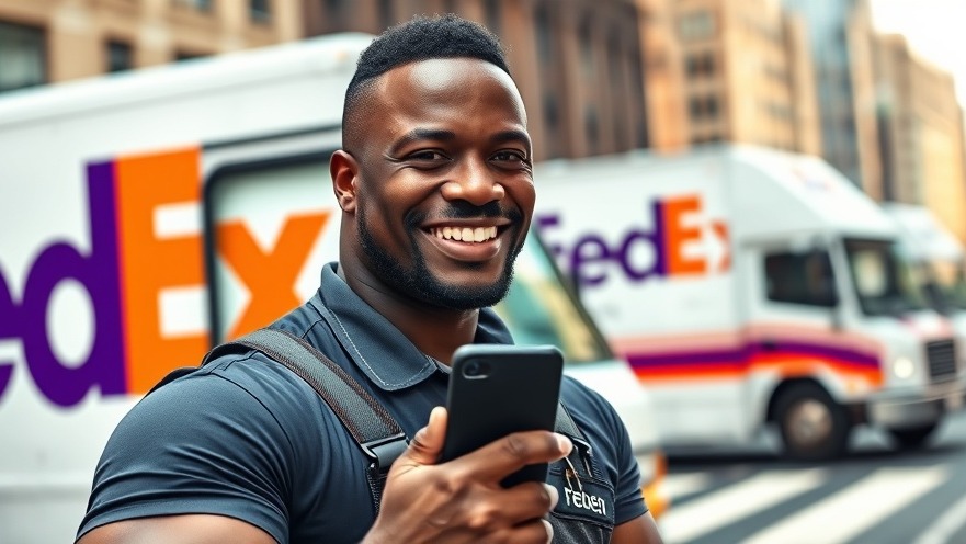 Muscular FedEx driver smiling with phone, embodying workout motivation and community fitness.