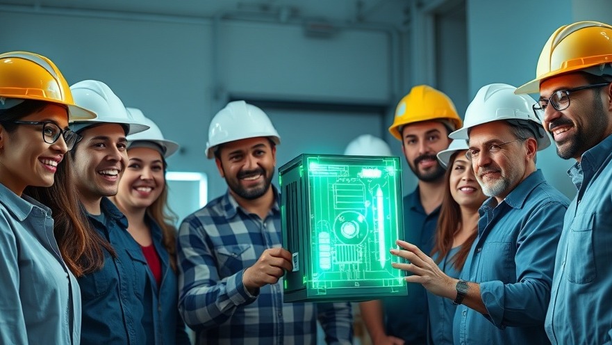 Diverse young engineers celebrating clean energy funding with a digital energy device model.