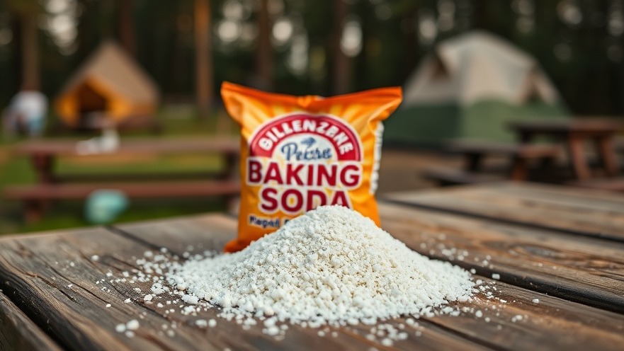 Baking soda granules on a picnic table, showcasing natural cleaning alternatives in an outdoor campground.