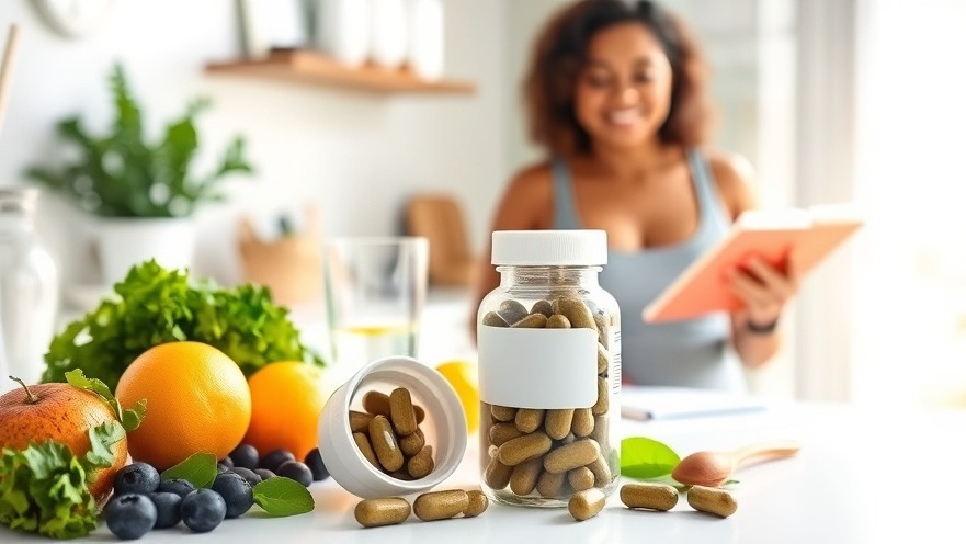 Organic multivitamins amid fresh produce in a wellness-themed kitchen, emphasizing women's health.