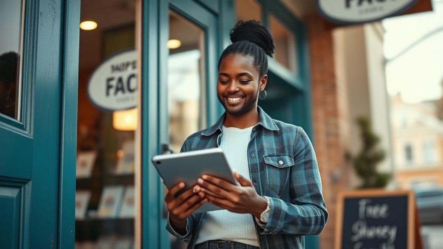 Confident small business owner using Local SEO tools outside storefront, thoughtful expression.