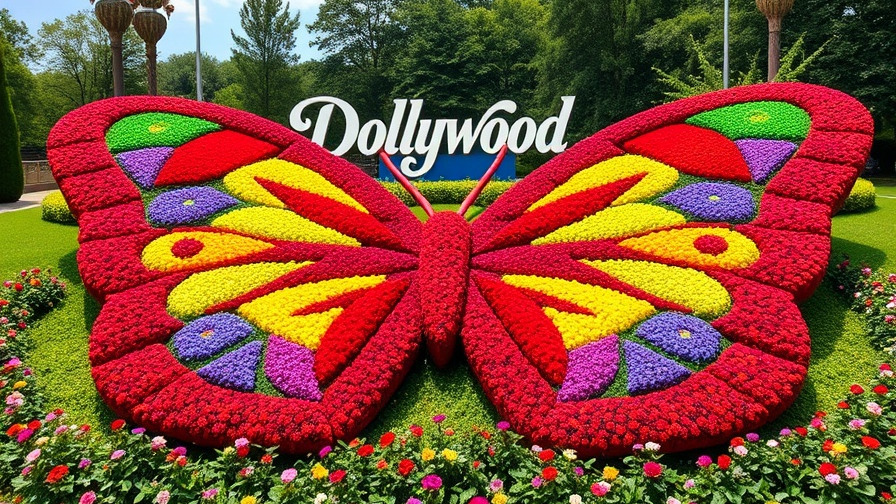 Dollywood sign with vibrant floral butterfly, lush greenery.