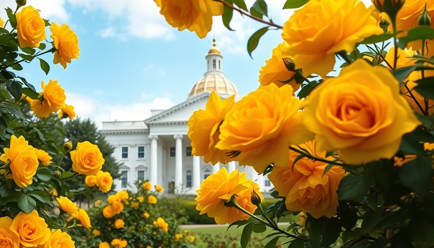 Federal government building with yellow roses foreground.