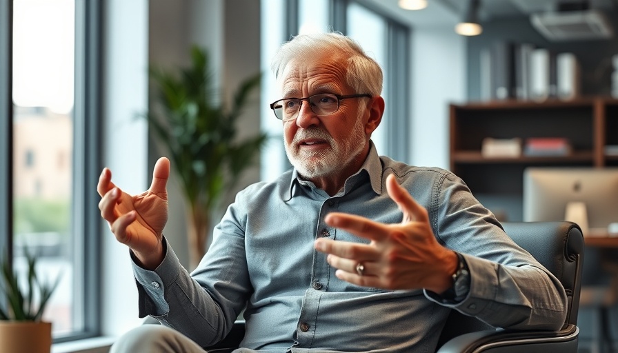 Older man discussing how muscle protects you from aging in an office.