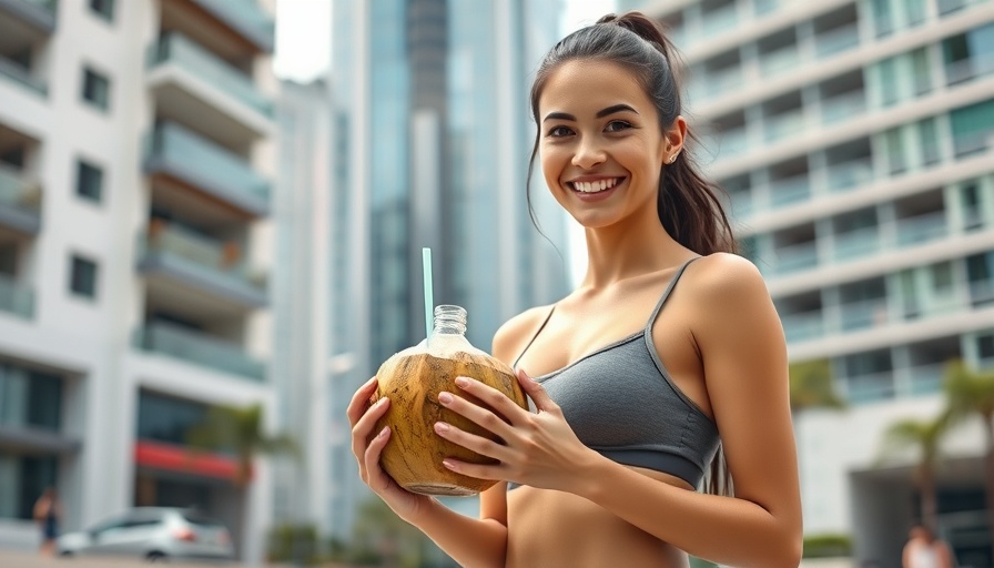 Young woman enjoying fitness through running, holding coconut water.