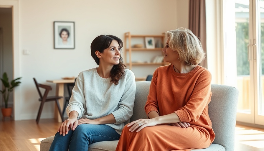 Two women sitting indoors discussing in a relaxed home environment.