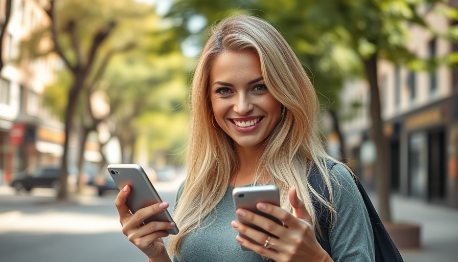 Blonde woman showing smartphone with birth control app for perimenopause, urban street setting.