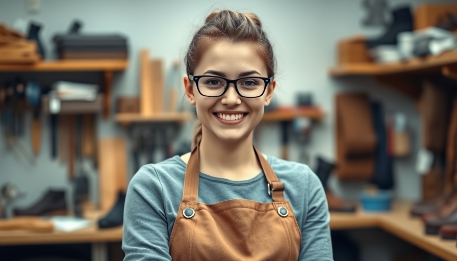 Young woman cobbler smiling in workshop, quitting corporate job to become a cobbler.