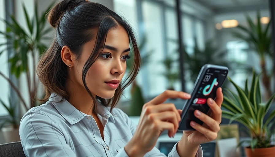 Young professional woman using TikTok for job hunting in an office.