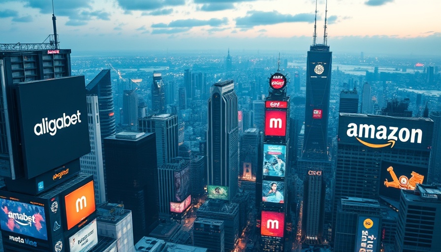 Vibrant futuristic cityscape with ads by Alphabet, Meta, Amazon.