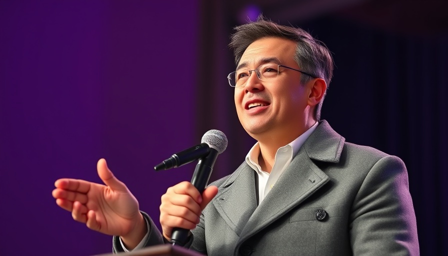 Turn adversity into opportunity speech; confident individual on stage with a vibrant backdrop.