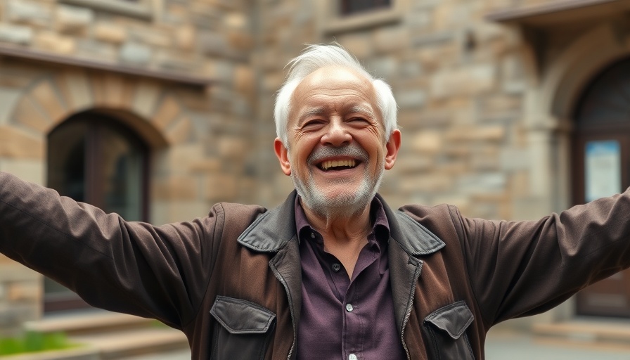 Cheerful man standing outside with open arms, urban background.