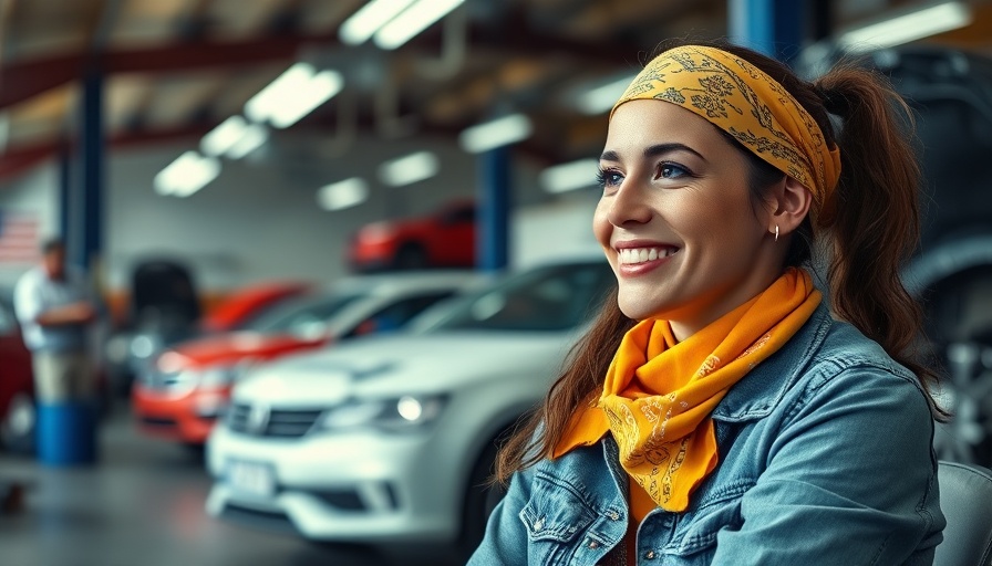 Successful woman in auto repair, smiling in workshop with cars and tools.