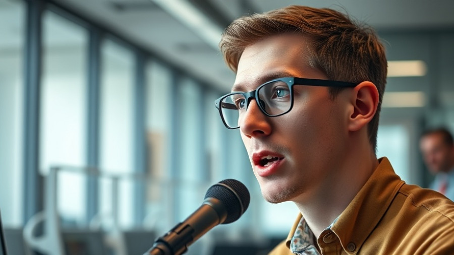 Young man discussing how to survive a job fair in office setting.