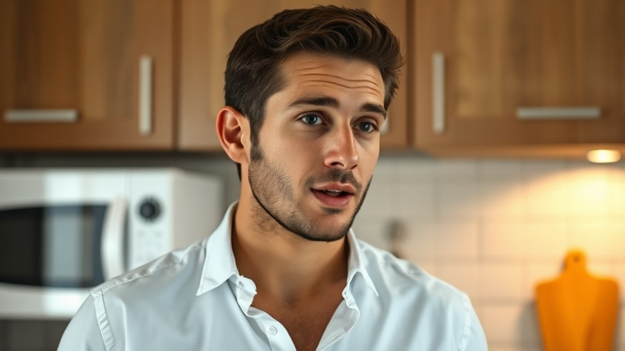 Young man in a kitchen, speaking about trademark law, remote work earnings.