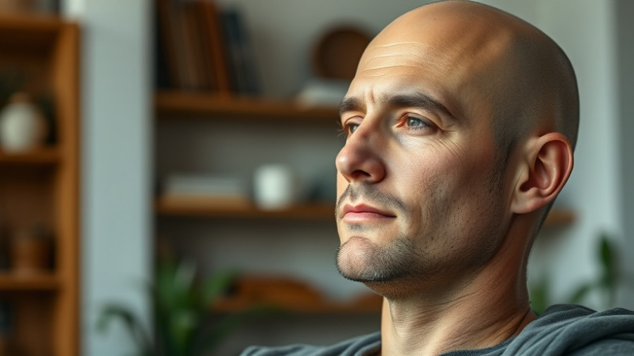 Contemplative bald man indoors reflecting on the power of doing nothing.