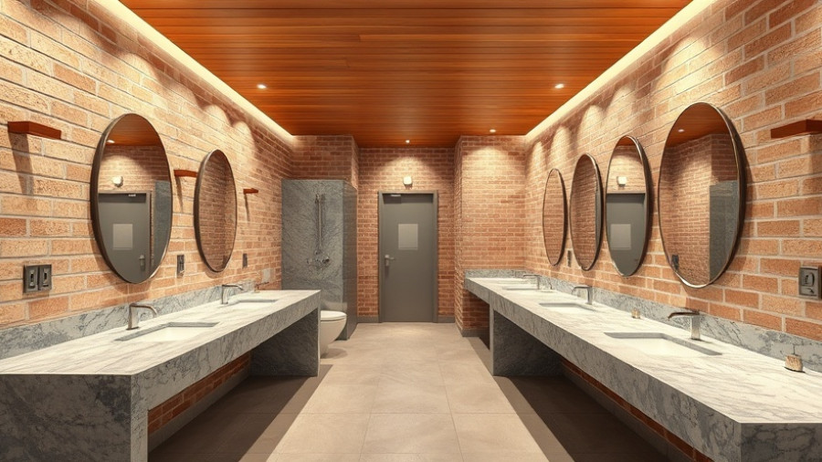 Elegant restroom with stone counters and brick walls, Best Restroom Award.